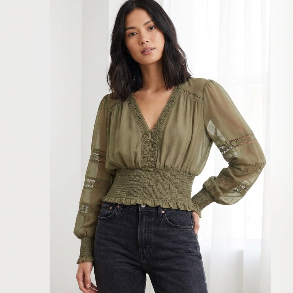 Venus Peasant Blouse Top Sz 12 Olive Green Long Sleeve V Neck Sheer Smocked